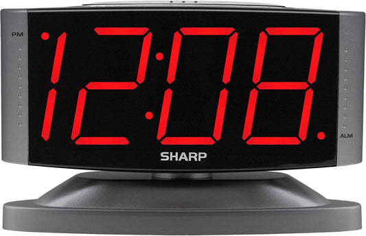 Sharp Outlet-Powered Alarm Clock with Swivel Base, Red LED, Gunmetal Grey