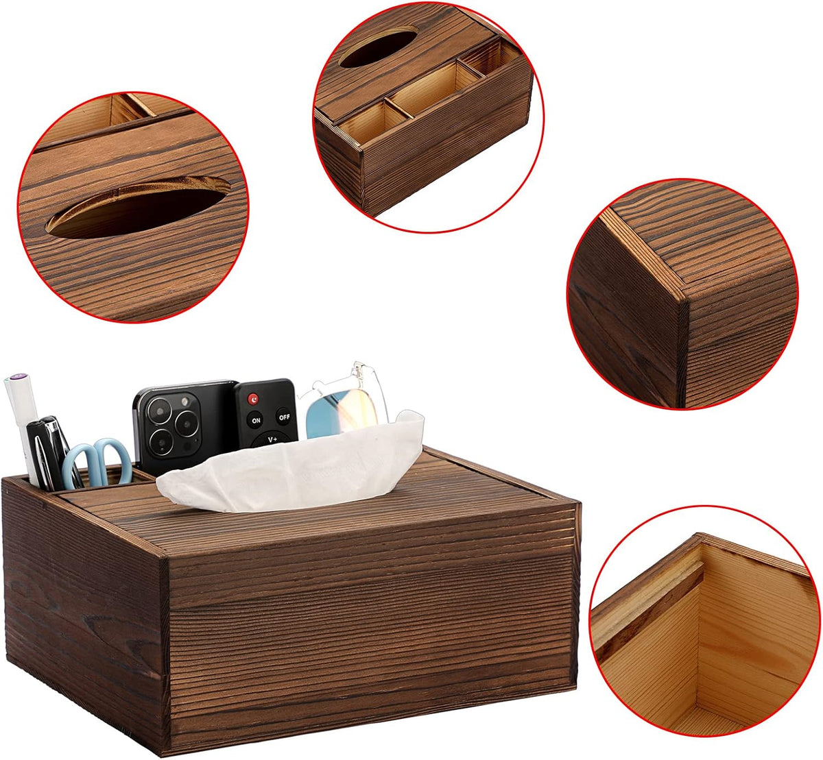 Sumnacon Wood Rectangular Tissue Box Cover - Multifunctional Tissue Holder with Stationery Remote Control Box, Decorative Tissue Pen Remote Organizer for Desktop Livingroom Bedroom Home Office, Yellow