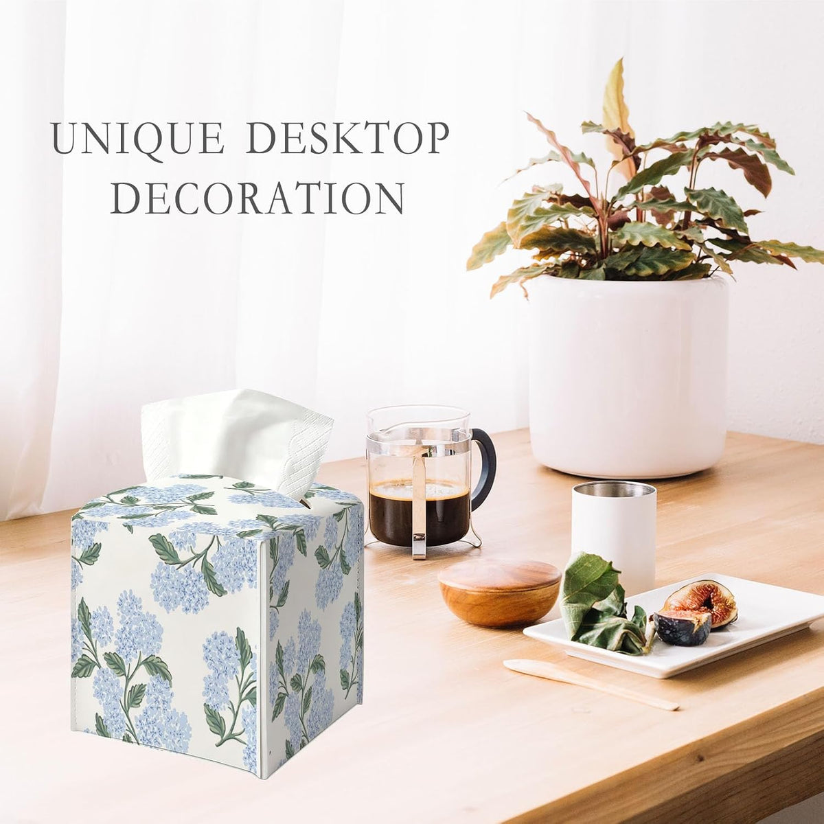 UTELKA Blue and White Hydrangea Square Tissue Box Cover 5.4x5.4x5.3 in