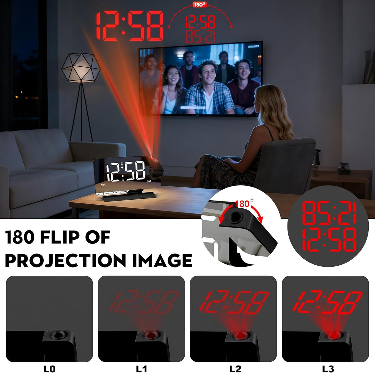 Amgico Projection Alarm Clock,Digital Clock with Projection,7.3" Mirror Clock with 180°Rotating Projector,Dual Alarm with 3 Mode,Bright Adjust,DST,Snooze,Charging Port,5 Levels Volume for Desk Teens