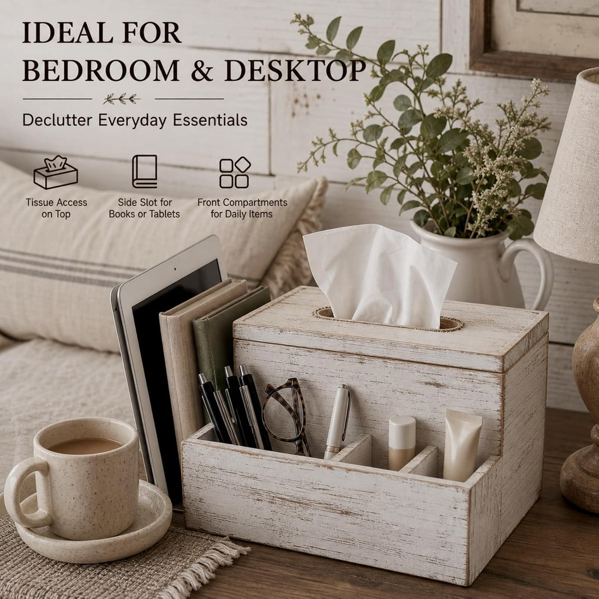 Wood Tissue Box Cover with 4 Compartments Storage,White, Pine