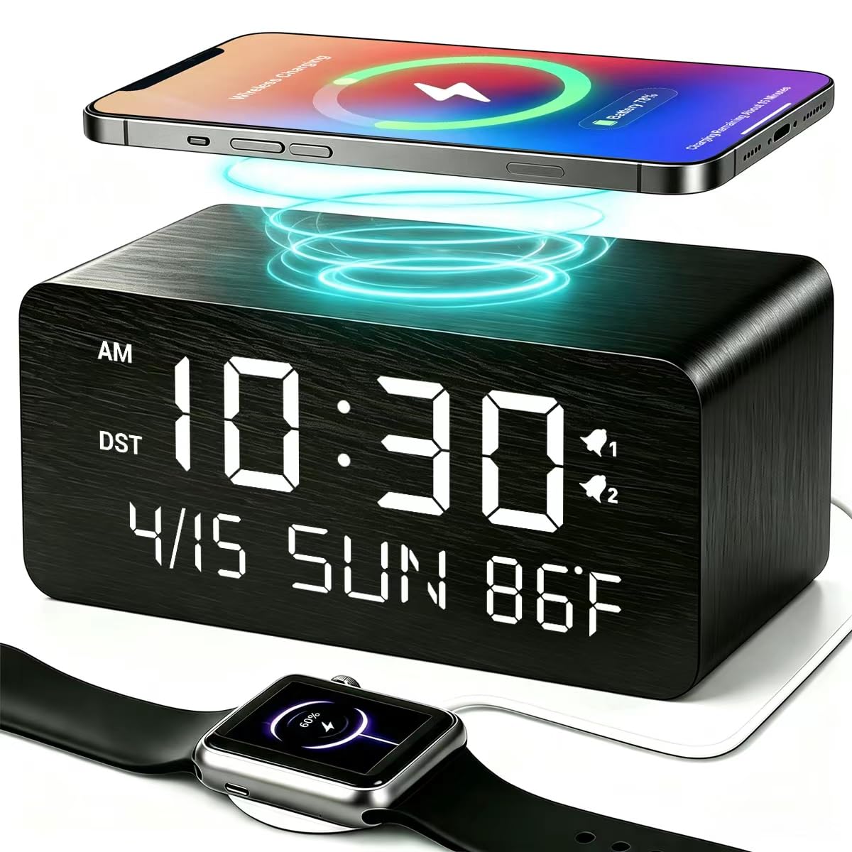 Premium Brown Wooden Digital Alarm Clock with Wireless Phone Charger, Dual USB Charging Ports, Dimmable LED Display, Date and Day of Week, Small Digital Desk Clock for Bedroom Nightstand Bedside Table