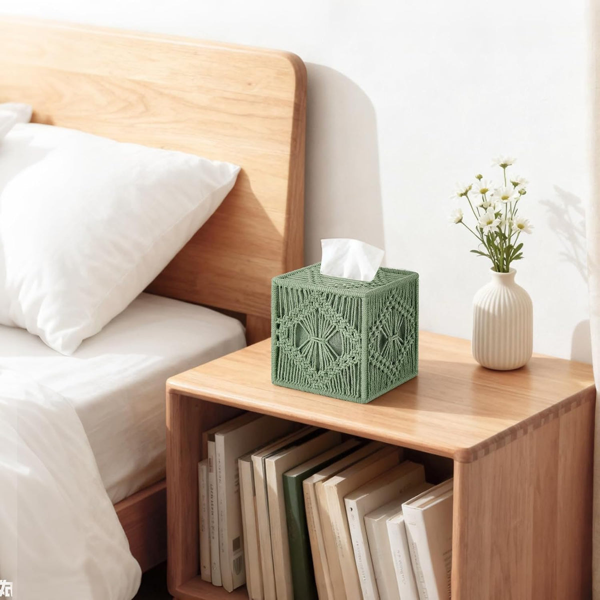 Mkono Tissue Box Cover Square, Boho Macrame Decor Open-Bottom Holder, Green