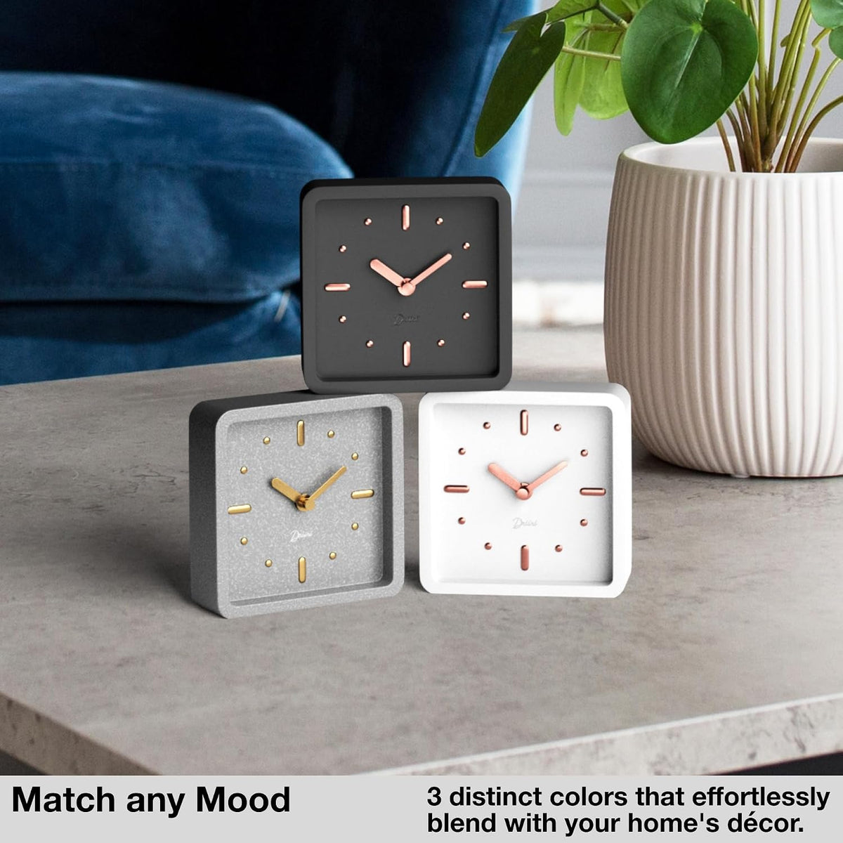 Driini Small Square Modern Desk Clock – Silent Analog, Black and Rose Gold