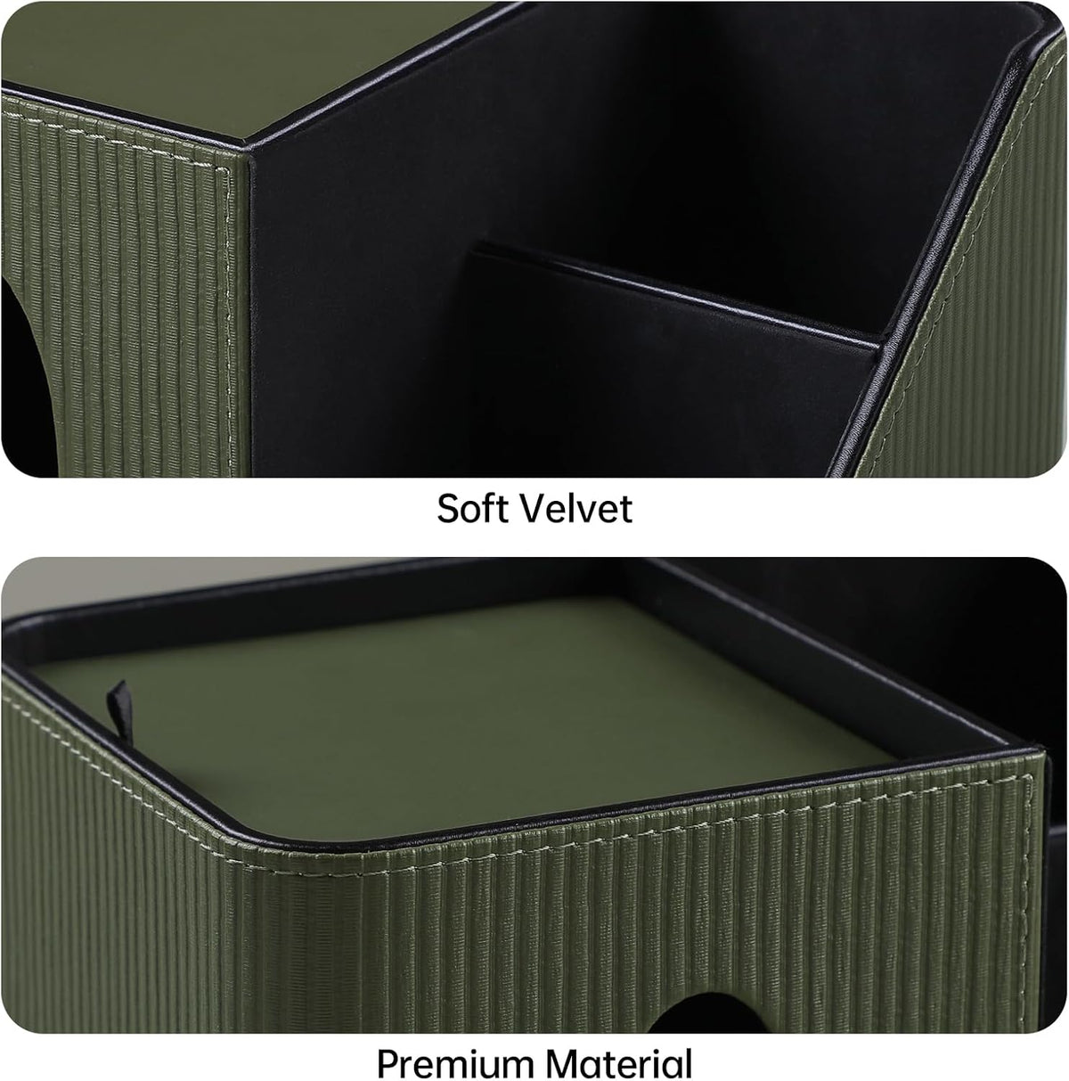 PU Leather Square Tissue Box Cover with Magnetic Closure, Tissue Holder with Storage Tray & Remote Control Organizer, for Nightstand, Living Room, Bathroom, Office Desk (Green Stripes)