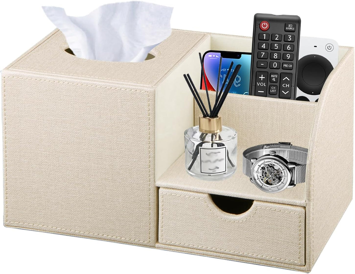 Nightstand Organizer with Tissue Holder,PU Leather Square Tissue Box Cover