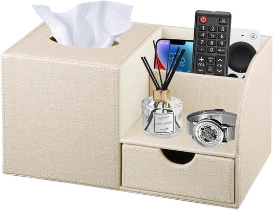 Nightstand Organizer with Tissue Holder,PU Leather Square Tissue Box Cover