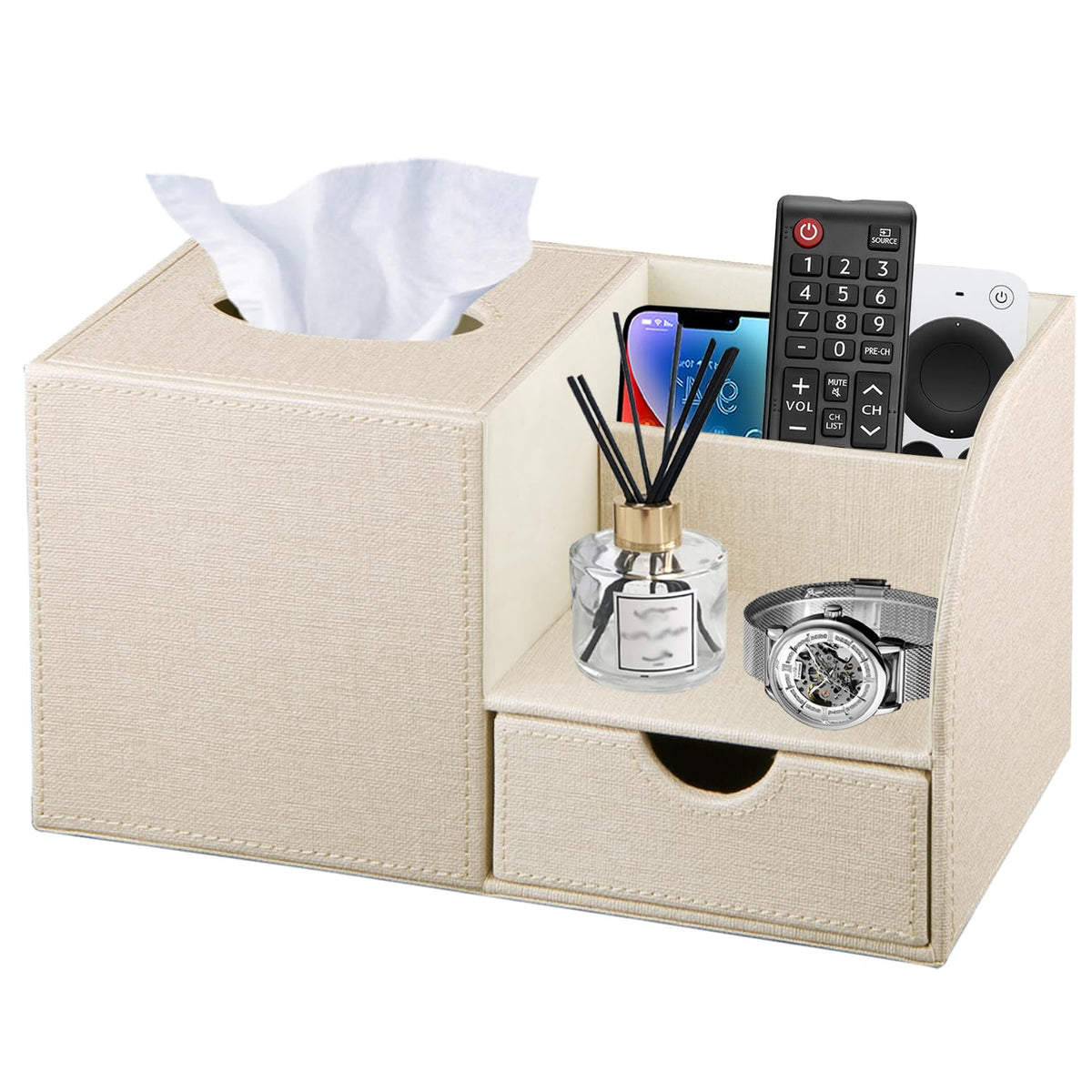 Nightstand Organizer with Tissue Holder,PU Leather Square Tissue Box Cover