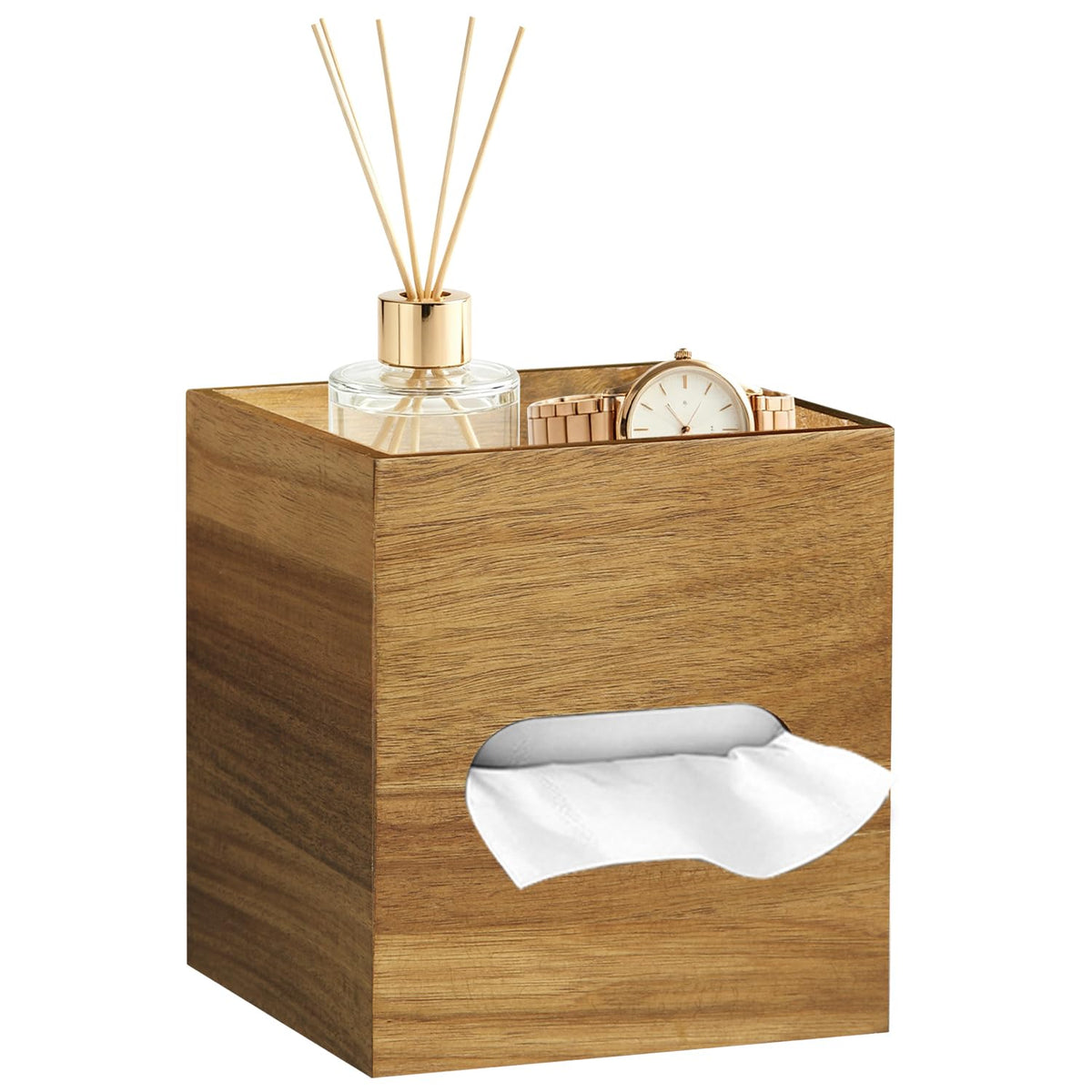 Square Tissue Box Cover with Storage Tray, Acacia Wood Tissue Box Holder