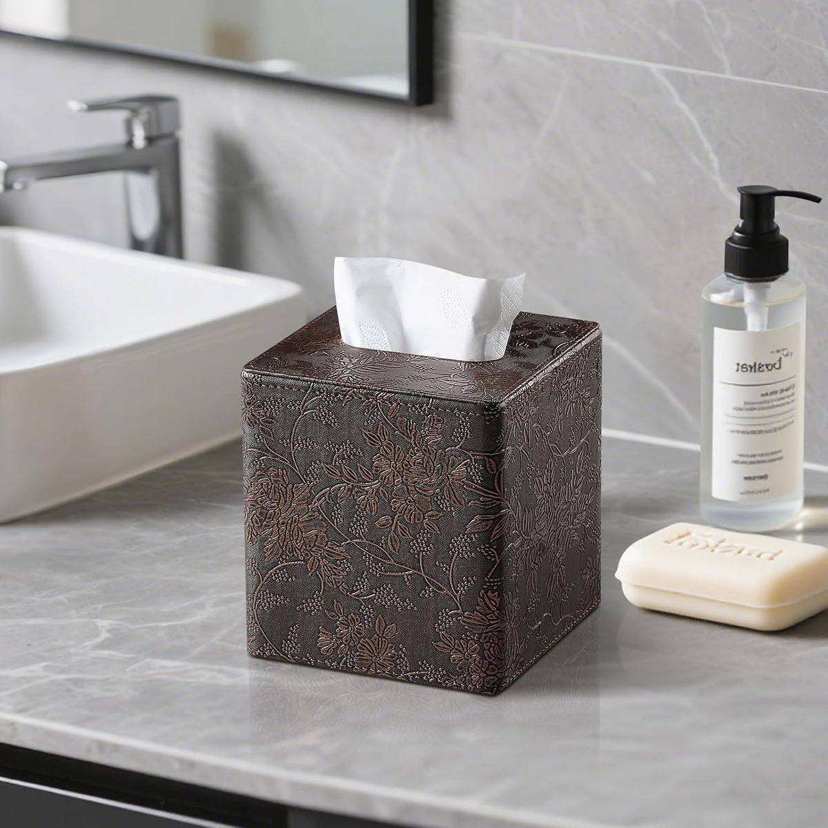 Square Tissue Box Cover, Stylish Leather Tissue Box Holder with Magnetic Bottom, Used As A Decorative Tissue Holder for Living Rooms, Bedrooms, and Desks (Brown Grape Pattern)