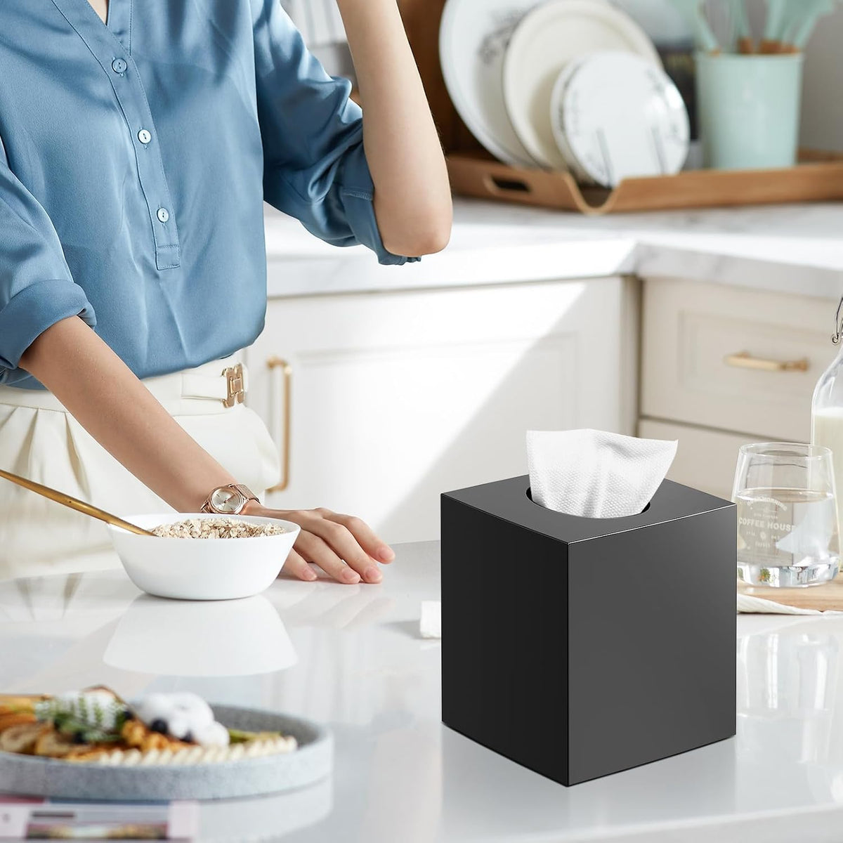Tissue Box Cover, Square Plastic Tissue Holder with Non-Slip Base, Black