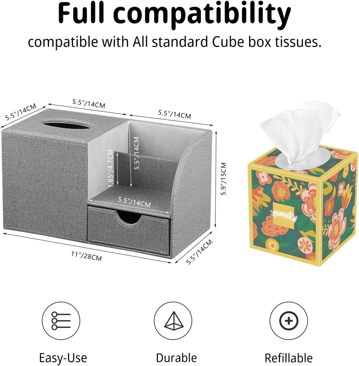 Nightstand Organizer with Tissue Holder,PU Leather Square Tissue Box Cover