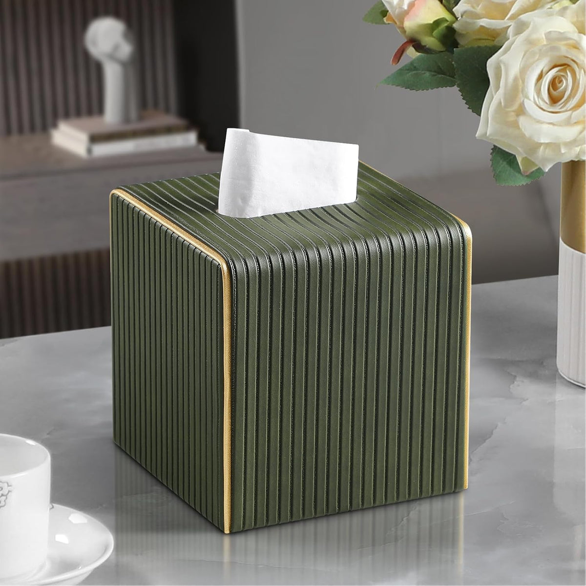 PU Leather Tissue Box Cover, Square Tissue Holder (Olive Green)