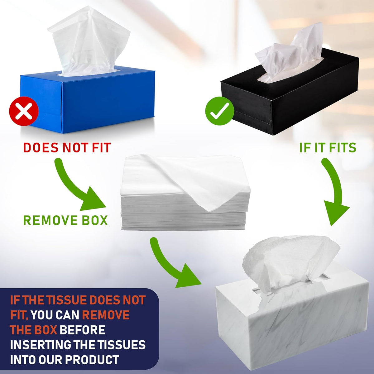 Acrylic Tissue Box Holder, Clear Dispenser for Facial Tissues, Napkins, and Dryer Sheets. Perfect for Bathrooms, Desks, Countertops, Vanities, Bedrooms, and Nightstands (Rectangle, Marble)