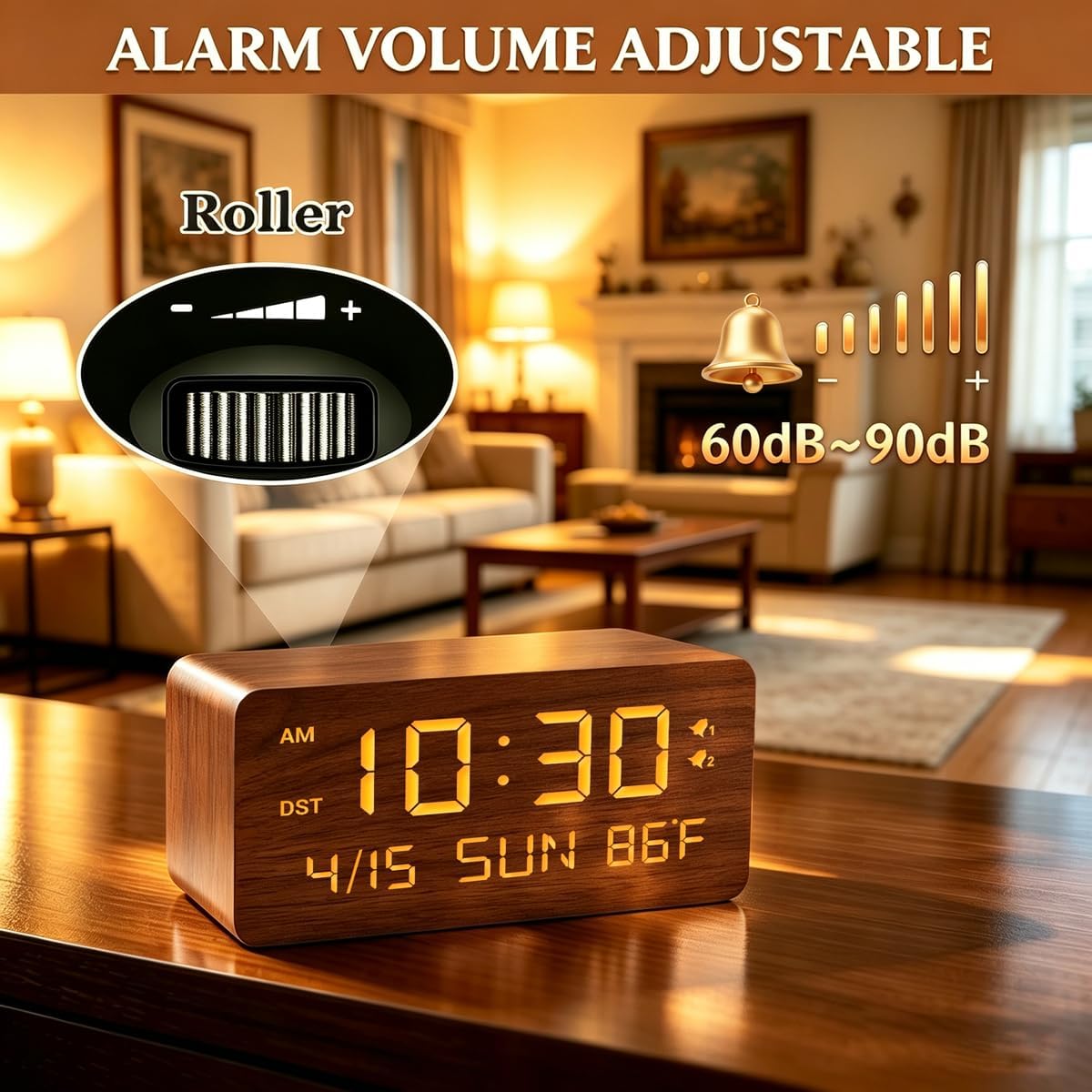 Premium Brown Wooden Digital Alarm Clock with Wireless Phone Charger, Dual USB Charging Ports, Dimmable LED Display, Date and Day of Week, Small Digital Desk Clock for Bedroom Nightstand Bedside Table