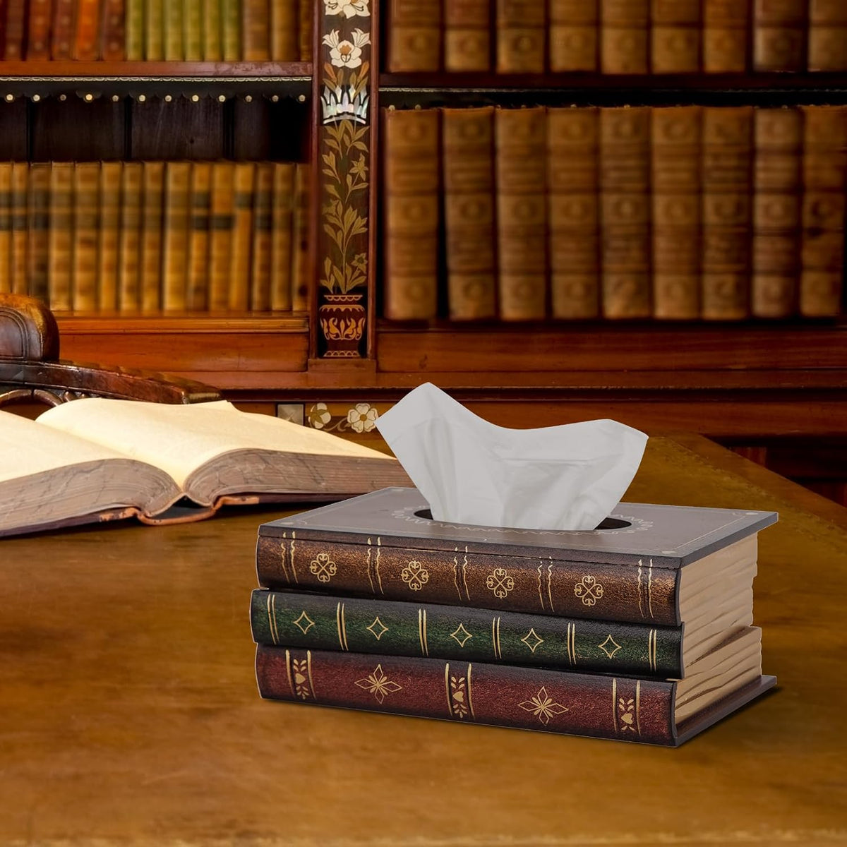 Retro Wooden Antique Book Tissue Box Cover Rectangular Home Library Decor