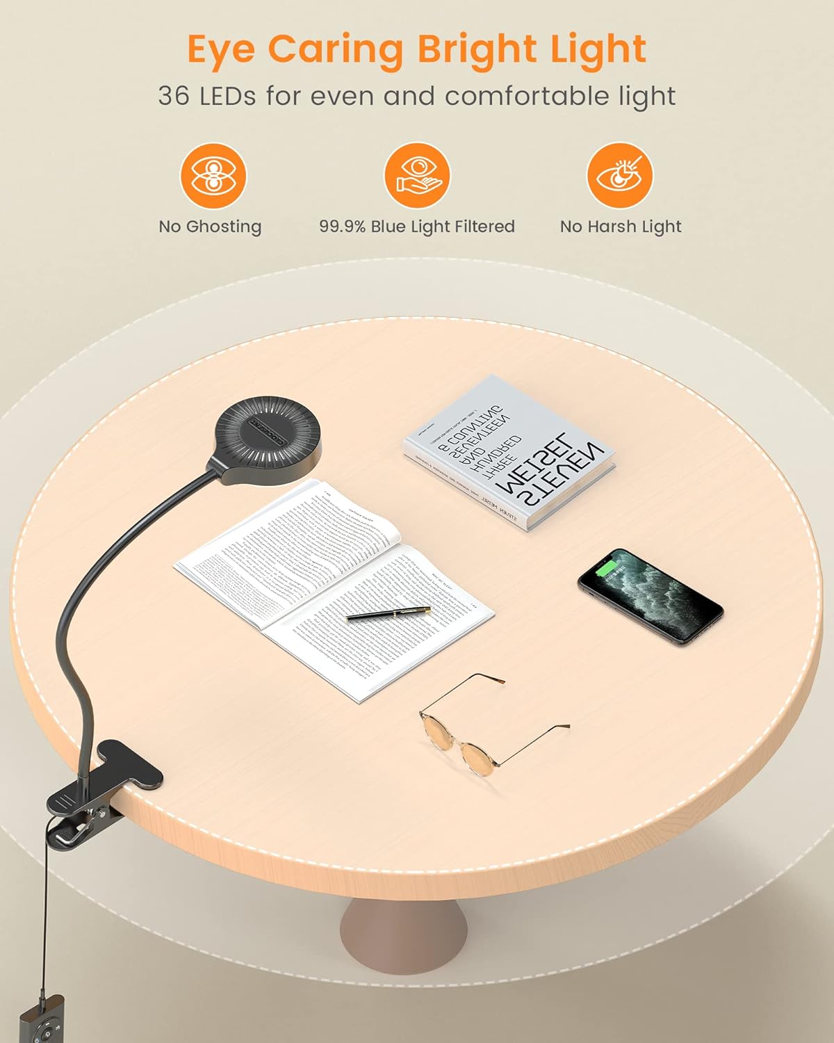 Glocusent 5W Clip on Light, 3 Colors & 5 Brightness Reading Light for Bed