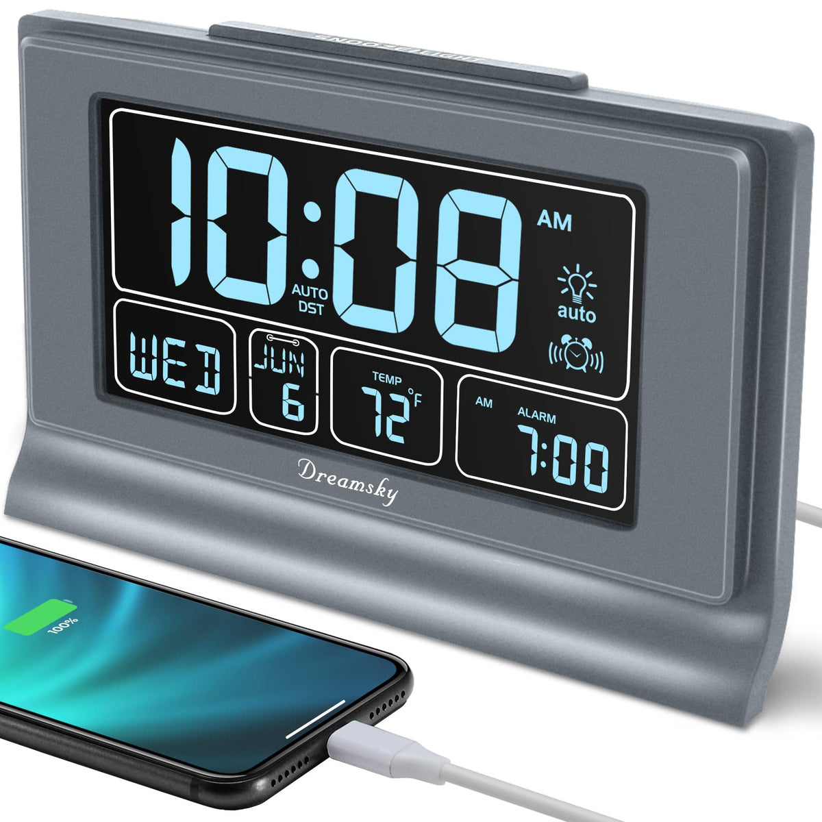 DreamSky Alarm Clocks for Bedrooms with Battery Backup, Auto Set