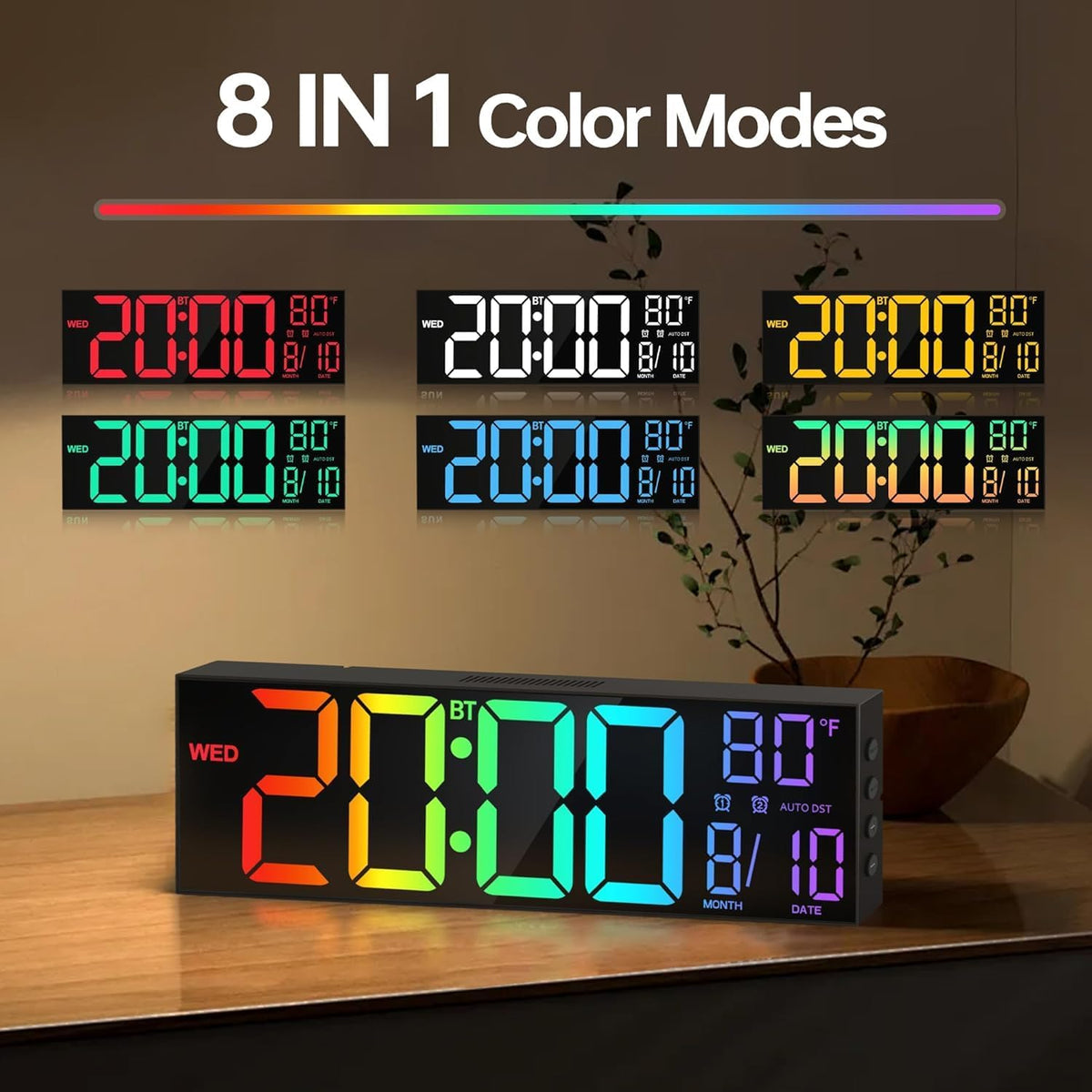 JALL 16.2" Large Digital Wall Clock with Bluetooth Sync for Classroom, RGB Digital Clock Large Display with Auto DST, Wall Clock for Bedroom Gym Office, Led Clock for Seniors (Black)