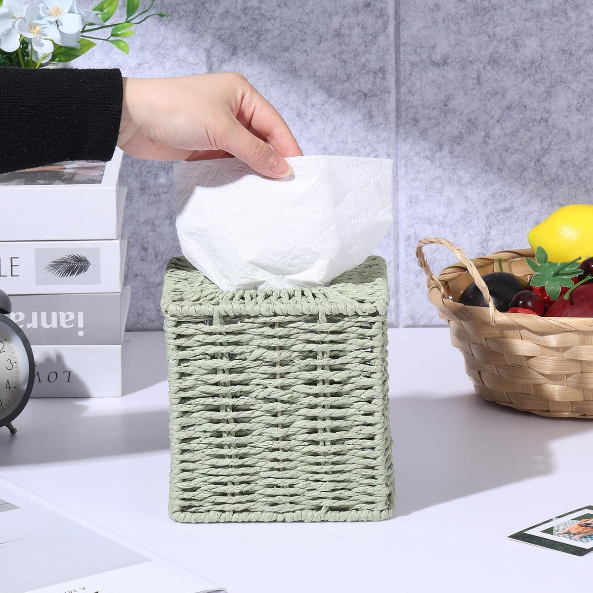 2 Pack Sage Green Tissue Box Cover Decorative Square Boho Natural Paper Rope Hand Woven Tissue Box Holder for Bathroom Bohemian Desk Bathroom Dresser Living Room Office Storage Container