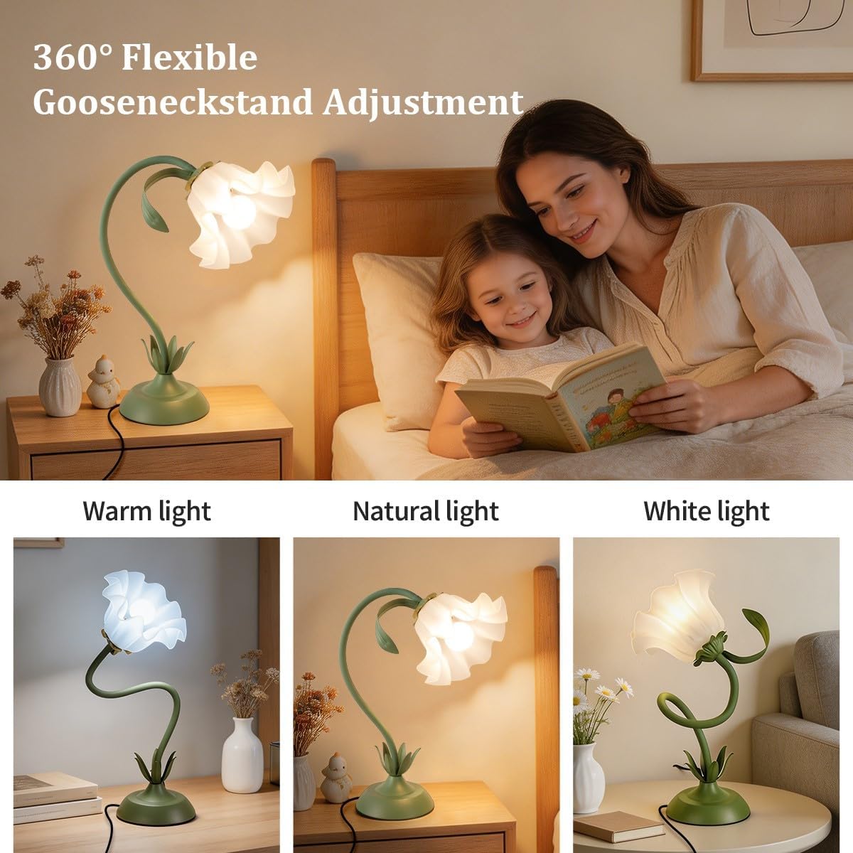 NewAoNaSen Flower Table Lamp Cute Lily Desk Lamp Bedside Night Light -Green