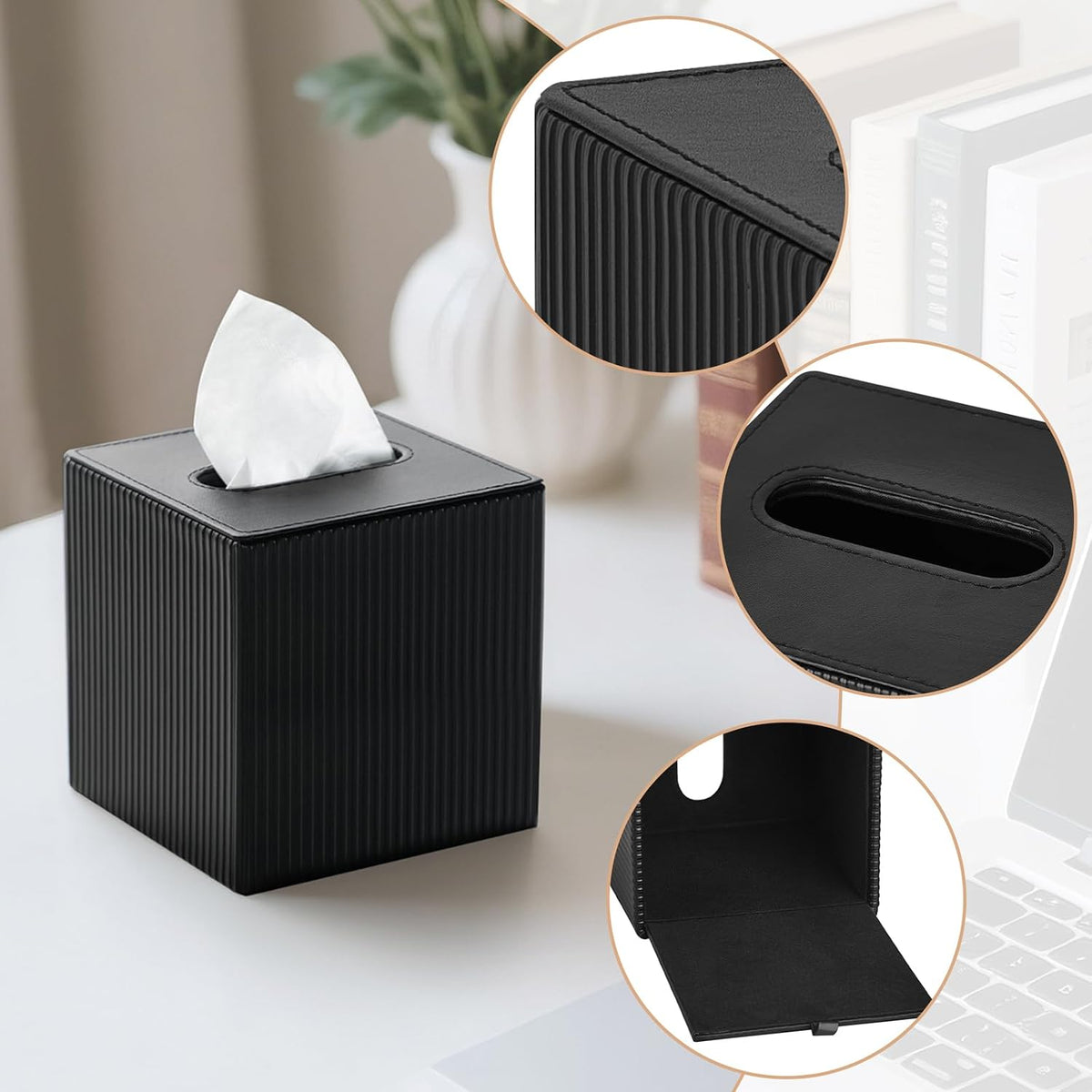 Mkono Tissue Box Cover, PU Leather Square Holder with Bottom, Black