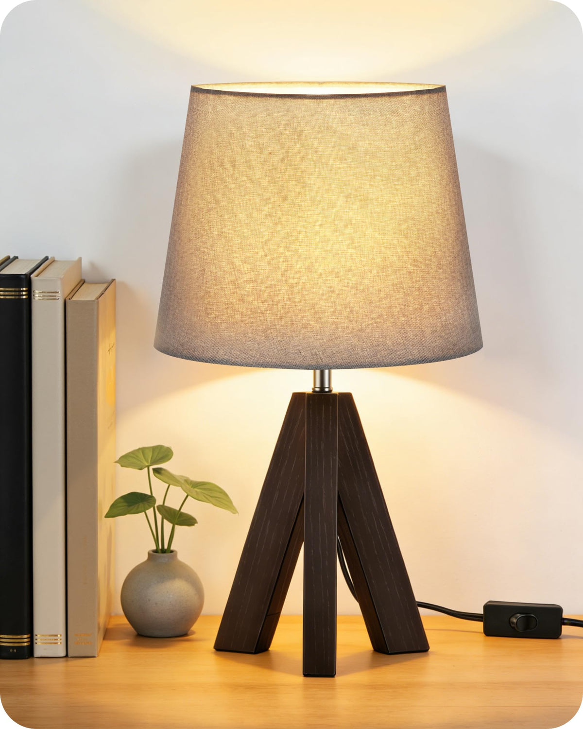 Tripod Table Lamp, 14.6 Inch Small Bedside Lamp with Beige Linen Shade, Modern Nightstand Lamp for Bedroom, Kids Room, Living Room, Nursery, Office, E26 Socket, Dark Wood Base, LE51TL05