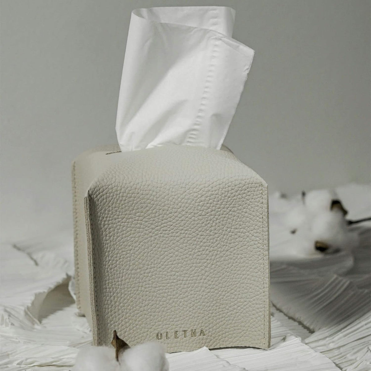 OLETHA Square Tissue Box Cover, Aesthetic Desk Decor, Light Taupe