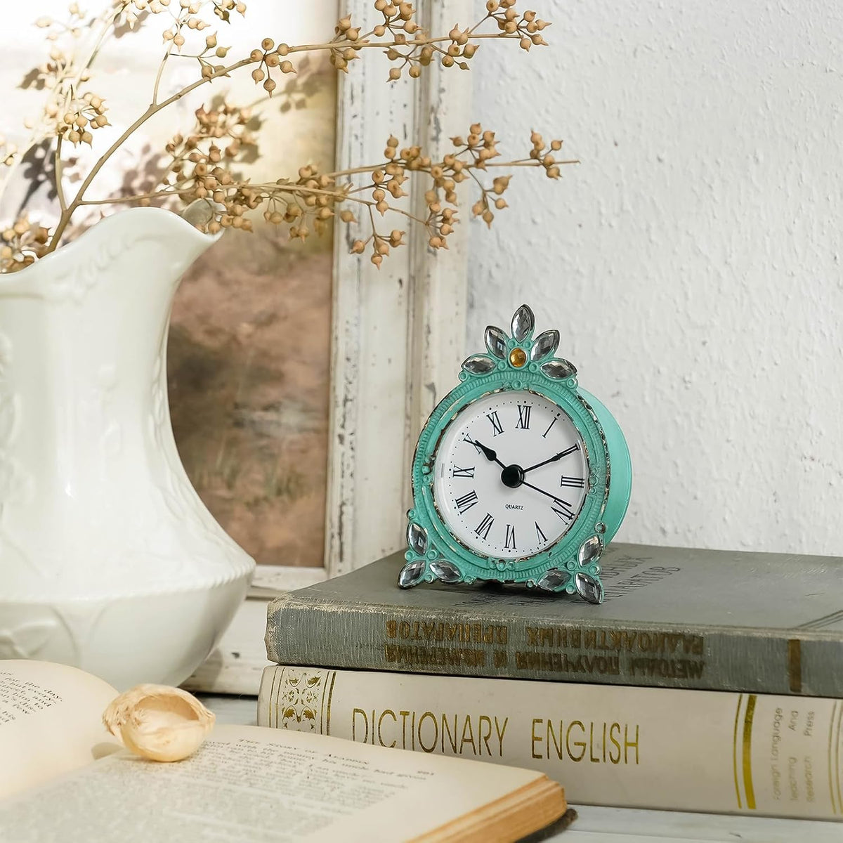 NIKKY HOME Vintage Table Clock with Crystal Shining Rhinestone 3 Inch