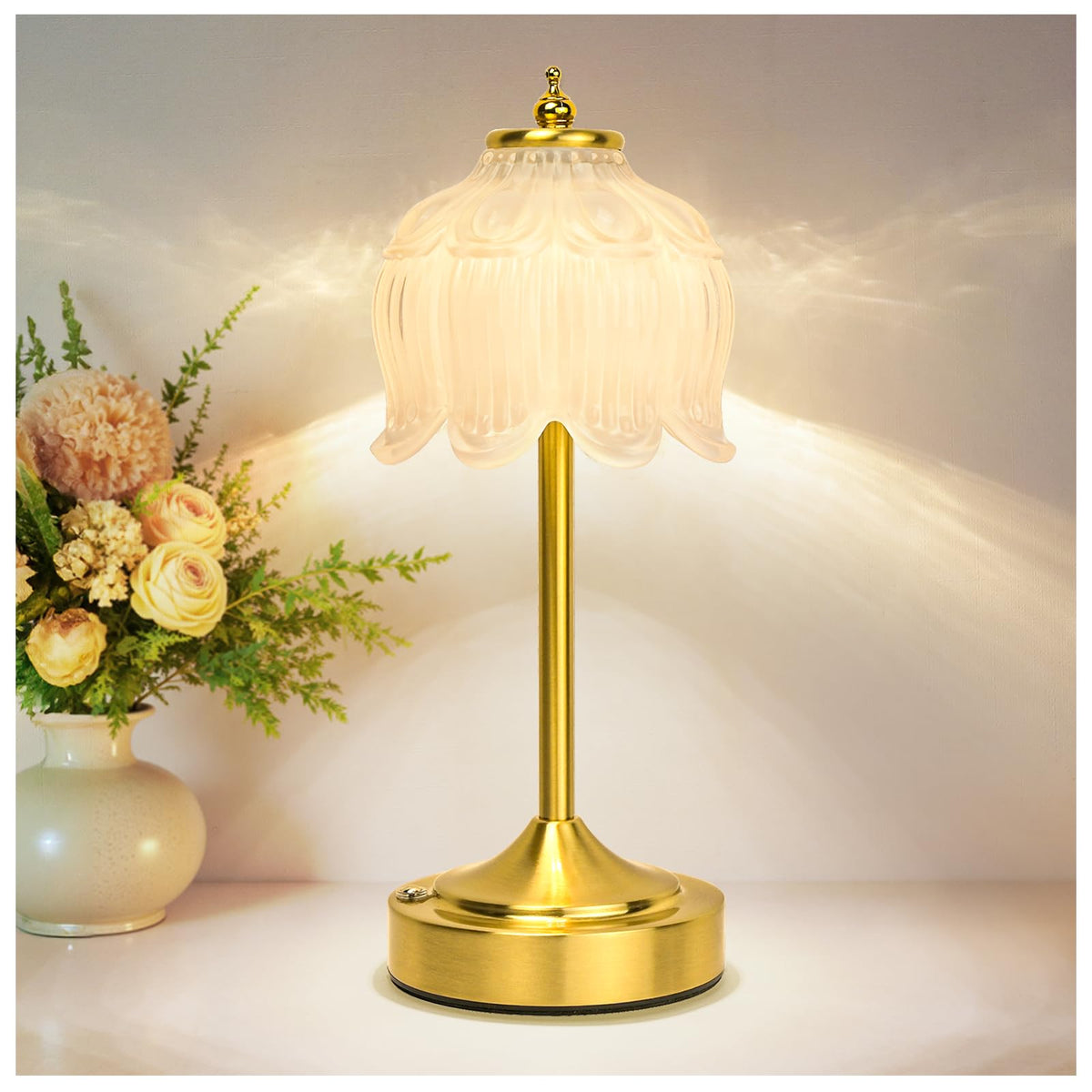 Cordless Table Lamp, Rechargeable Amber Glass Lotus Flower Lamp
