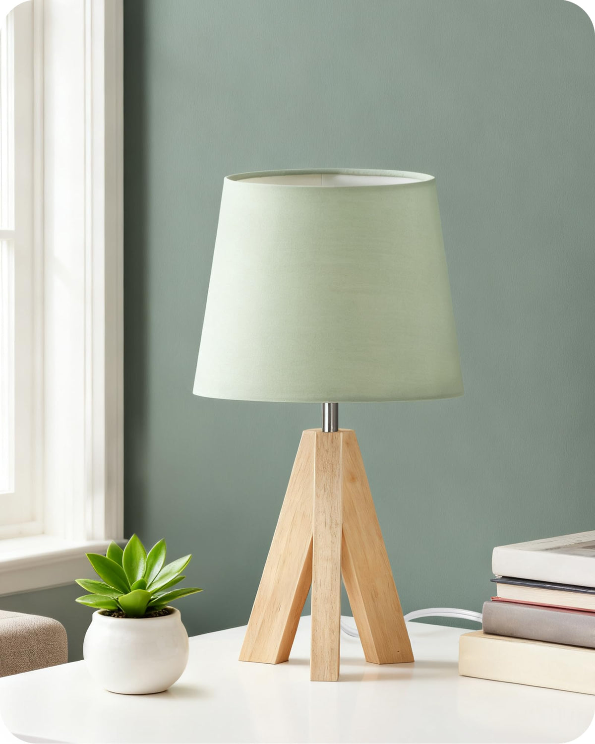 Tripod Table Lamp, 14.6 Inch Small Bedside Lamp with Beige Linen Shade, Modern Nightstand Lamp for Bedroom, Kids Room, Living Room, Nursery, Office, E26 Socket, Dark Wood Base, LE51TL05