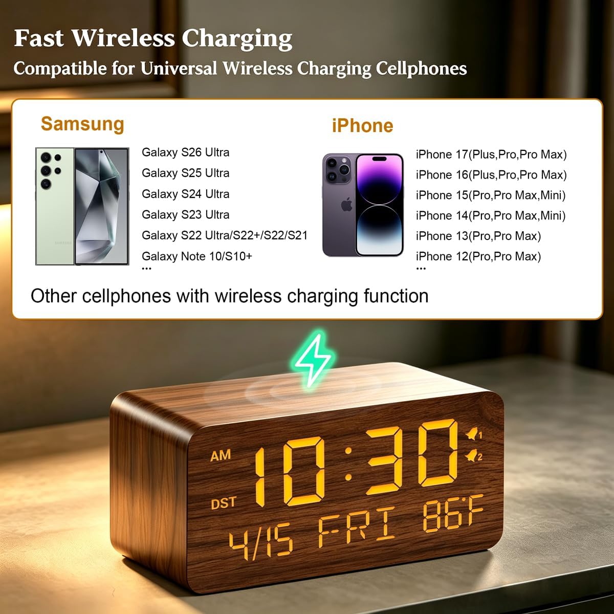 Premium Brown Wooden Digital Alarm Clock with Wireless Phone Charger, Dual USB Charging Ports, Dimmable LED Display, Date and Day of Week, Small Digital Desk Clock for Bedroom Nightstand Bedside Table