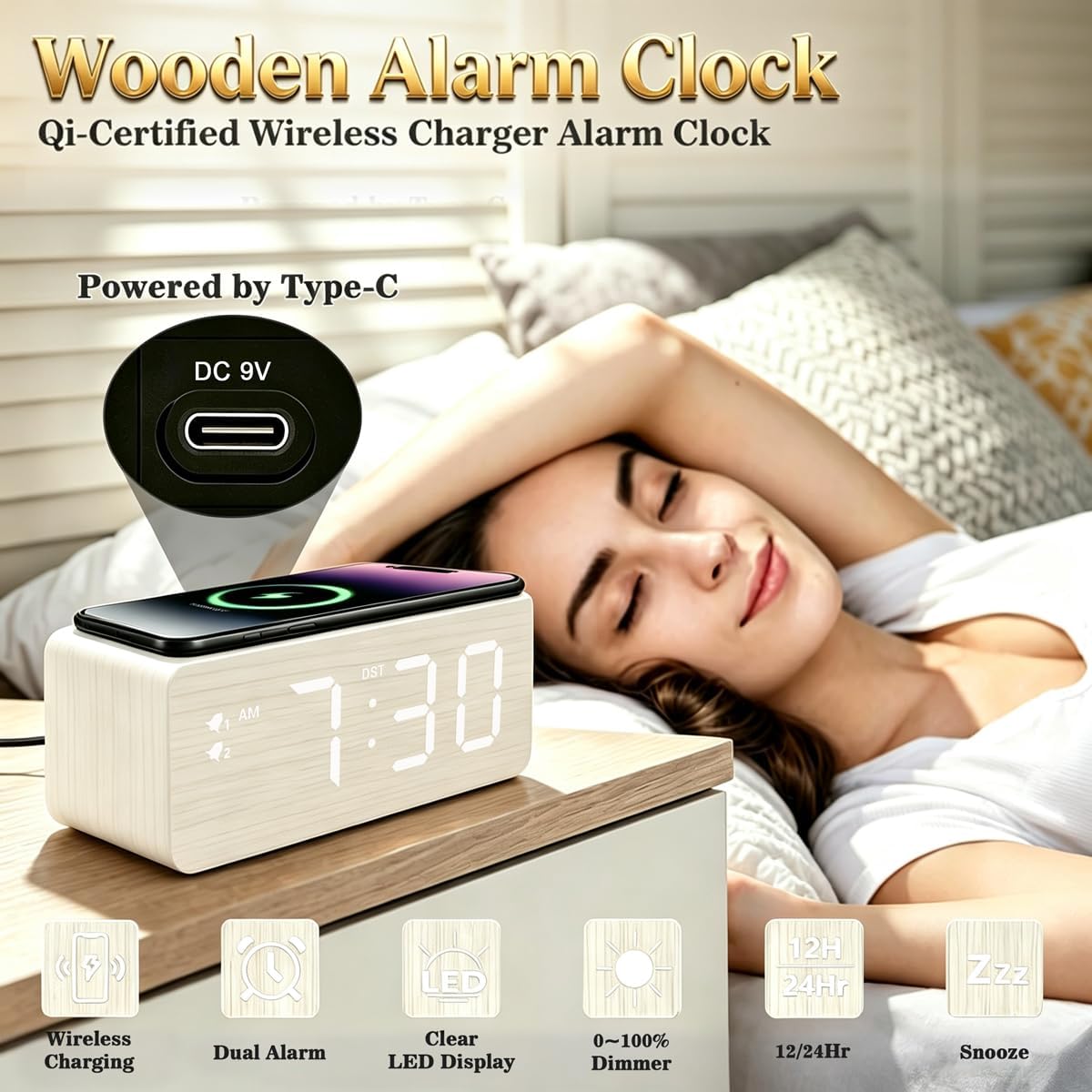 URAYCO Wooden Digital Alarm Clock, 10W Fast Wireless Charger Station & 2 USB Charging Ports, with 0~99% Dimmer, Dual Alarm, Weekday/Weekend Mode, Wood LED Clock for Bedroom, Desk, Office