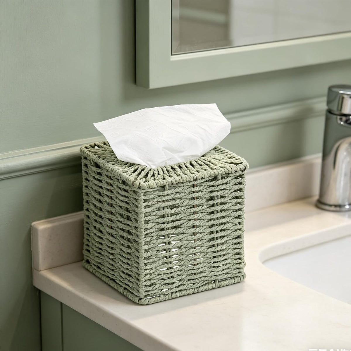 2 Pack Sage Green Tissue Box Cover Decorative Square Boho Natural Paper Rope Hand Woven Tissue Box Holder for Bathroom Bohemian Desk Bathroom Dresser Living Room Office Storage Container