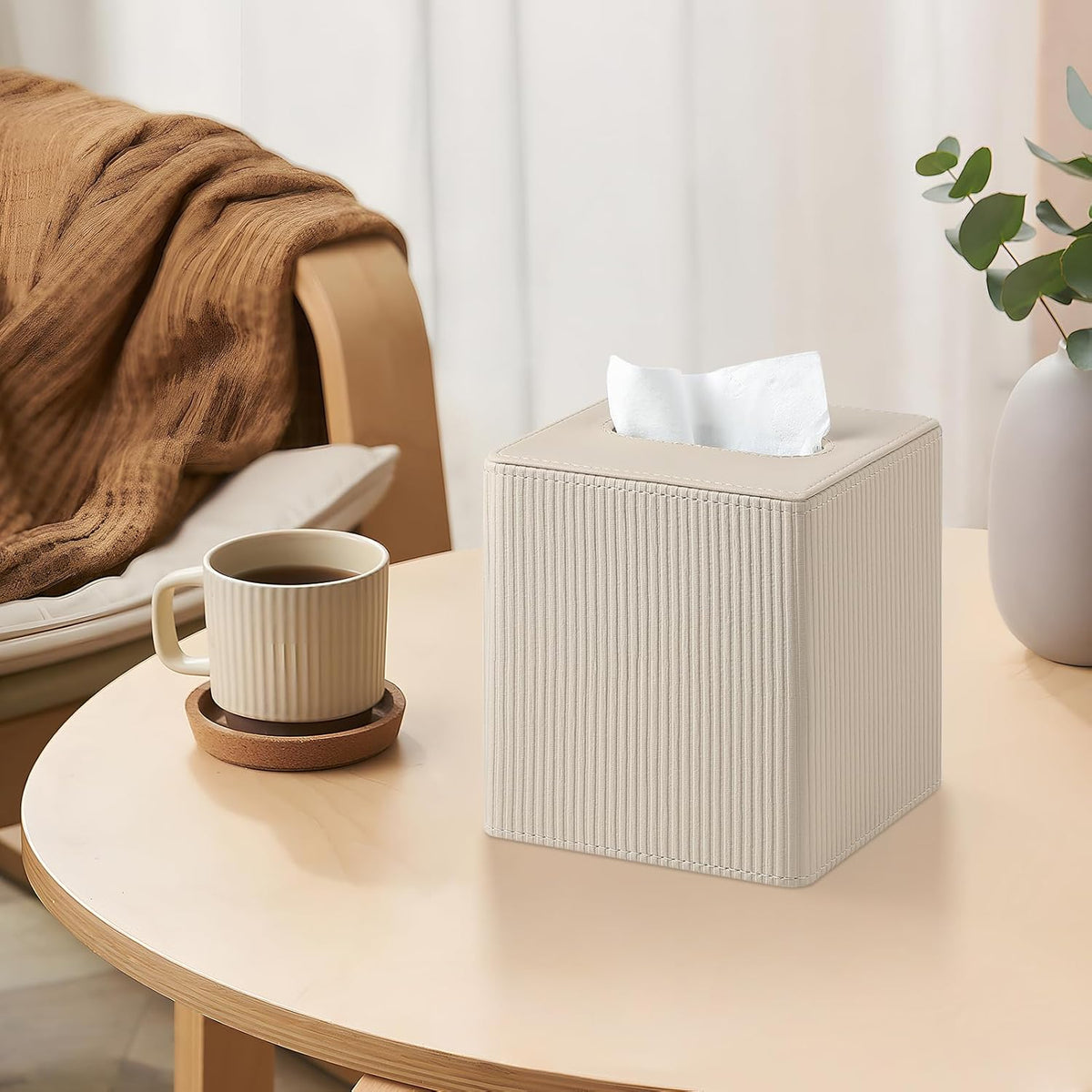 PU Leather Square Tissue Box Cover Tissue Box Holder Cube (Beige)