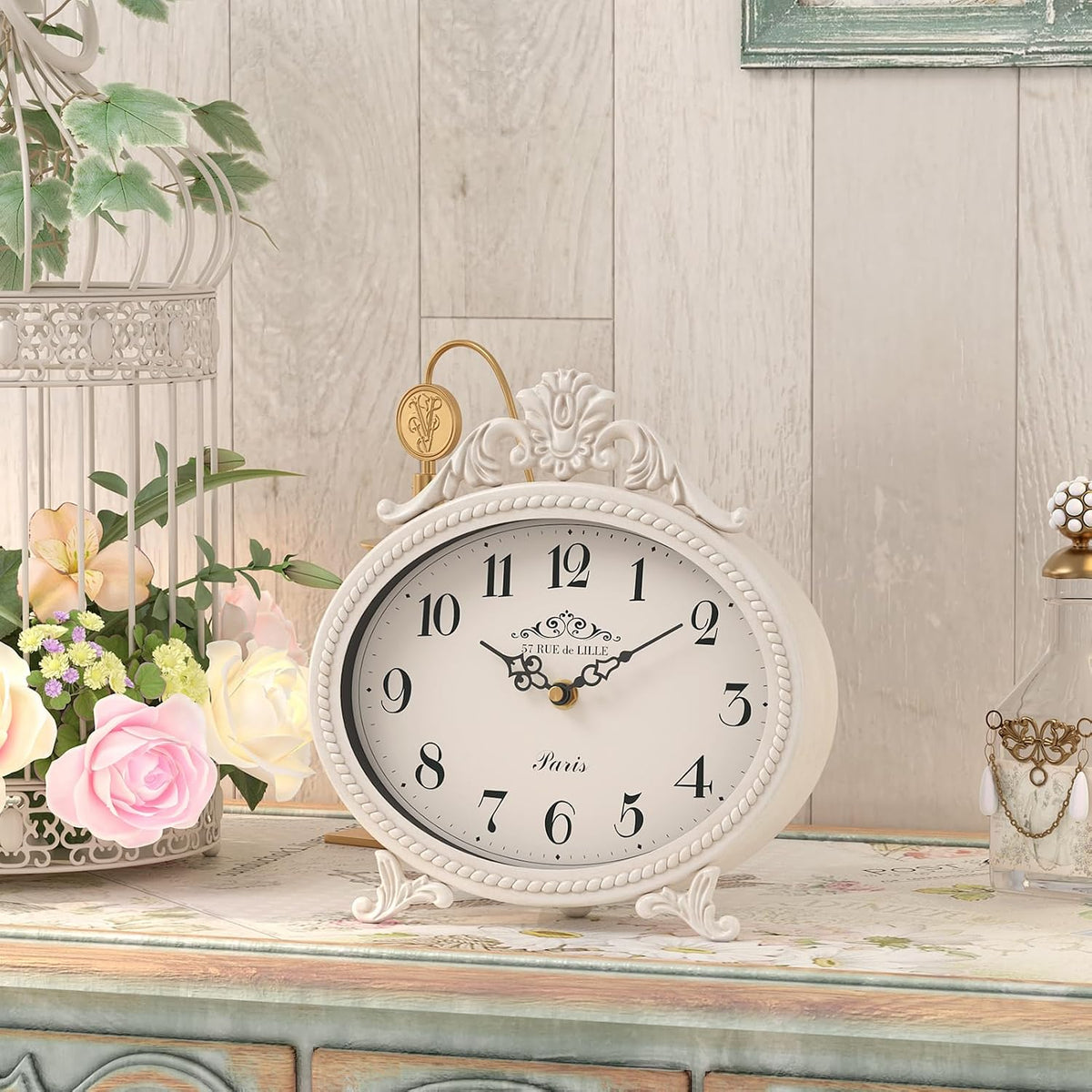 Abdurey Vintage Table Clock,Antique White French Rustic Style Mantel Clock