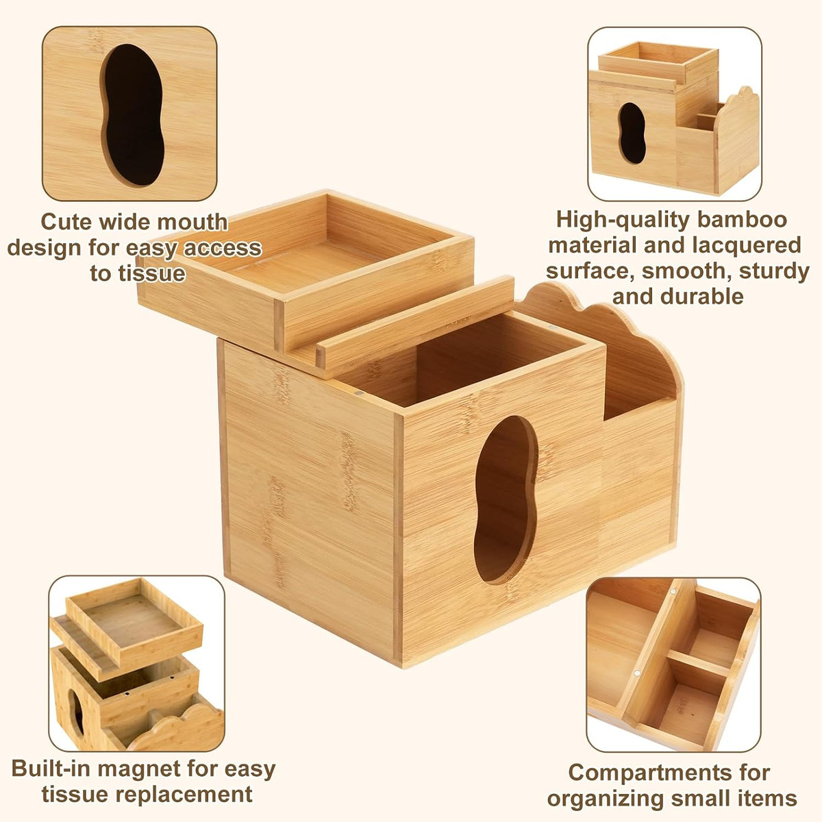 Wooden Tissue Box Cover with Storage Tray, Multifunctional Square Tissue Holder with Storage Remote Control, Makeup Organizer and Phone Holder for Bathroom Desktop Living Room Bedroom