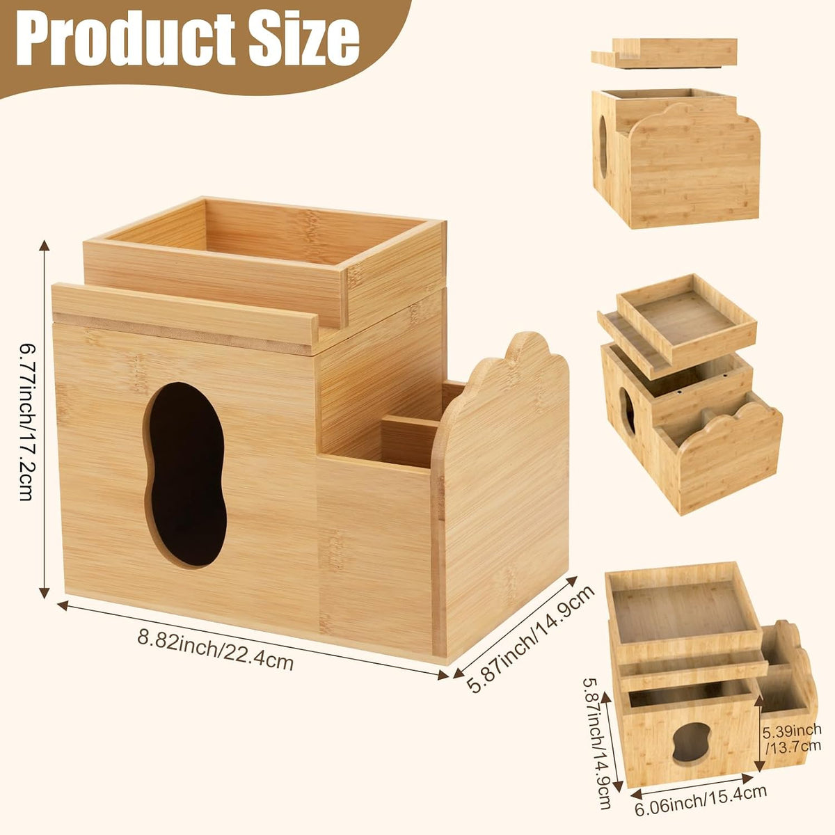 Tissue Box Cover with Storage Tray, Bamboo Multifunctional Square Tissue Holder with Makeup Organizer and Phone Holder, Remote Control Holder for Bathroom Desktop Dinner Table Bedroom