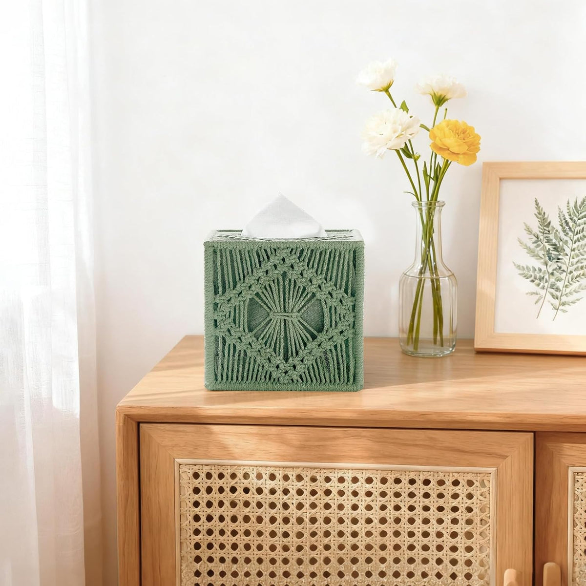 Mkono Tissue Box Cover Square, Boho Macrame Decor Open-Bottom Holder, Green