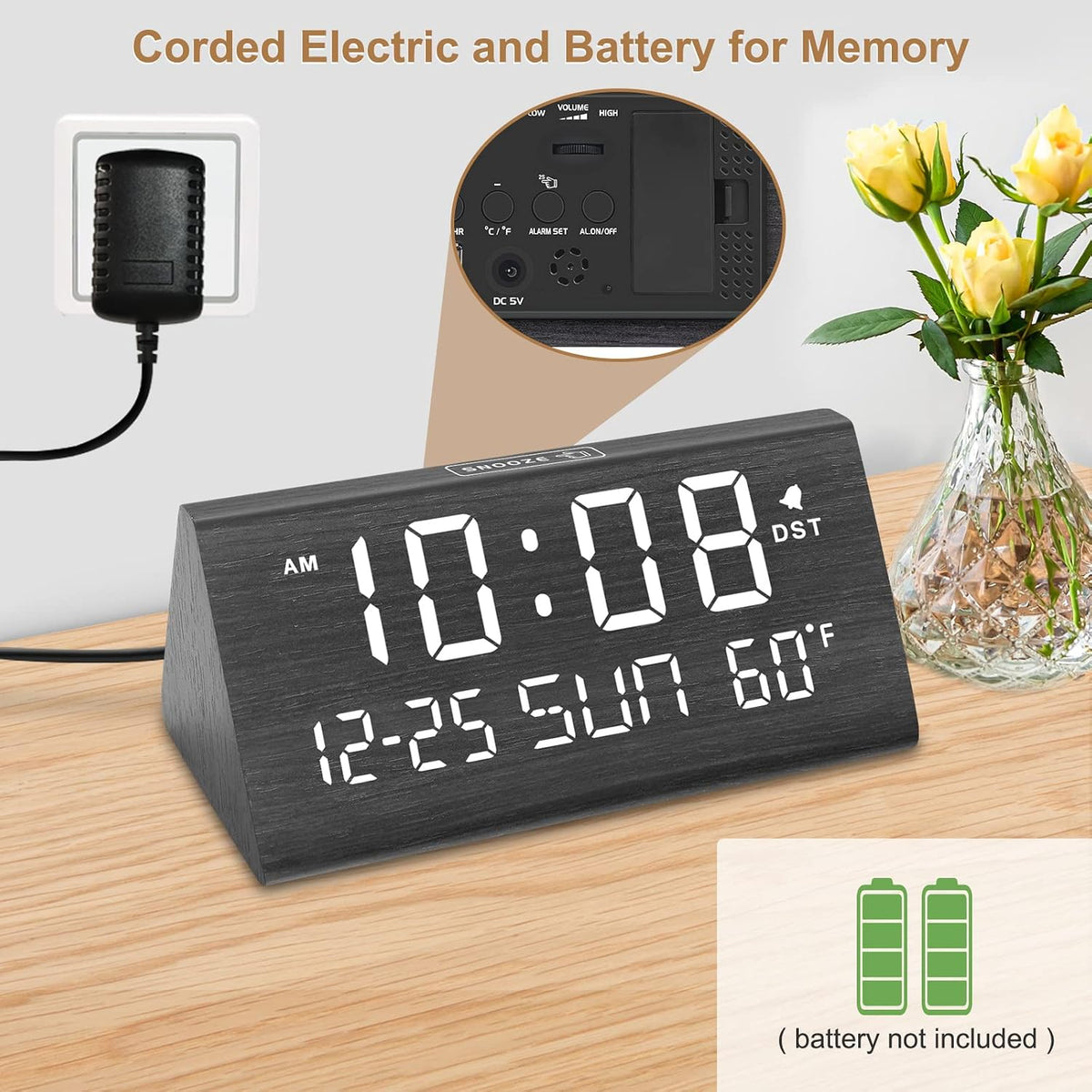 DreamSky Digital Alarm Clock for Bedrooms - Wooden Desk Clock with Date