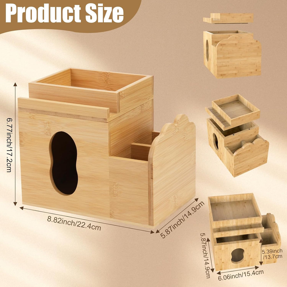 Wooden Tissue Box Cover with Storage Tray, Multifunctional Square Tissue Holder with Storage Remote Control, Makeup Organizer and Phone Holder for Bathroom Desktop Living Room Bedroom