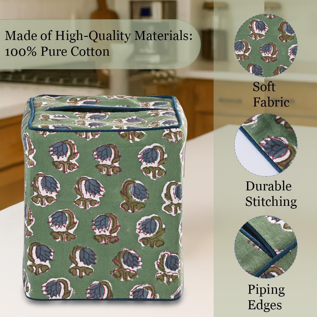 Ridhi Block Print 100% Cotton Square Tissue Box Cover Basil Green