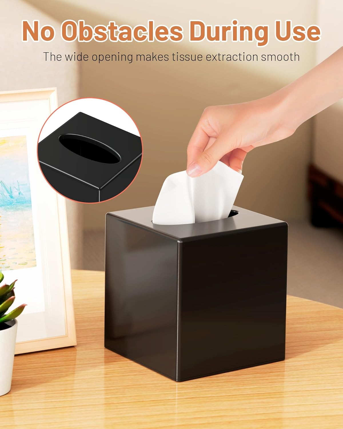 Tissue Box Cover, Square Plastic Tissue Box Holder with Anti Slip Base, Modern Decor Facial Napkin Holder for Bathroom Vanity Countertop, Bedroom Dresser, Night Stand, Parlors, Offices, Black