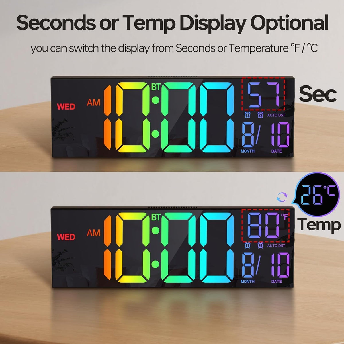JALL 16.2" Large Digital Wall Clock with Bluetooth Sync for Classroom, RGB Digital Clock Large Display with Auto DST, Wall Clock for Bedroom Gym Office, Led Clock for Seniors (Black)