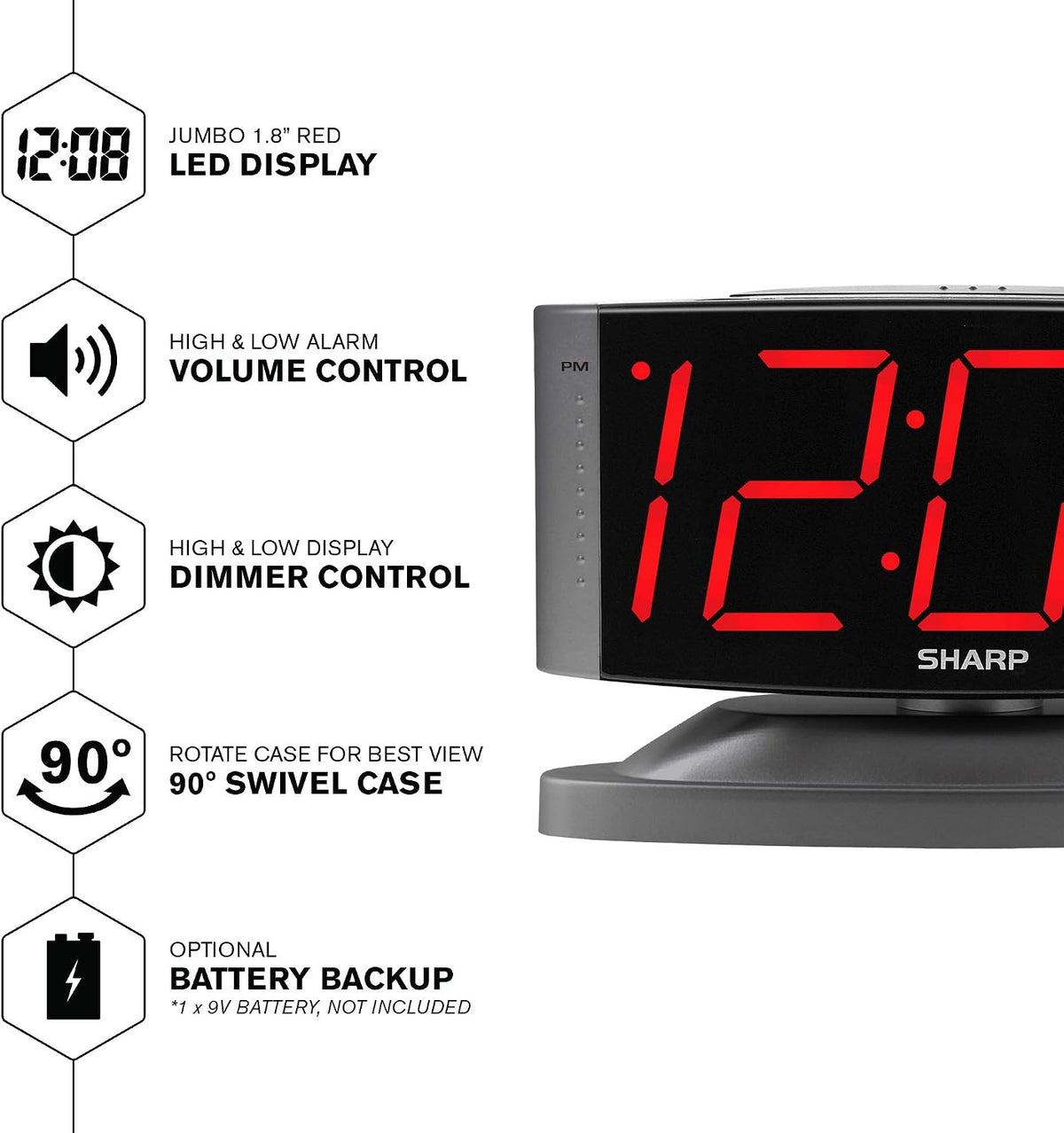 Sharp Outlet-Powered Alarm Clock with Swivel Base, Red LED, Gunmetal Grey