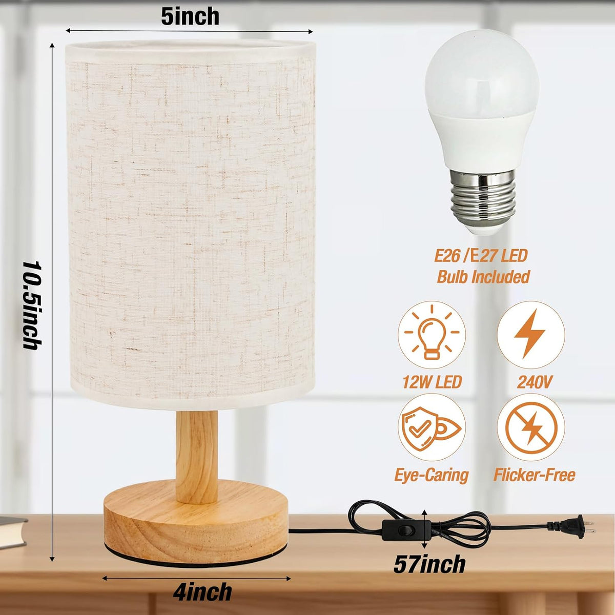 Desk Lamp LED Bulb Included, Small Bedside Table Lamp Plug-in - Classic Wood Base with Flaxen Fabric Shade, Lamps for Night Stands, Simple Nightstand Light for Bedroom, Office, Desk