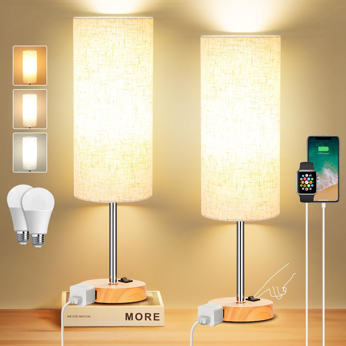 ZJOJO Table Lamp Set of 2, 13.8" Bedside Small Lamp for Bedroom Nightstand