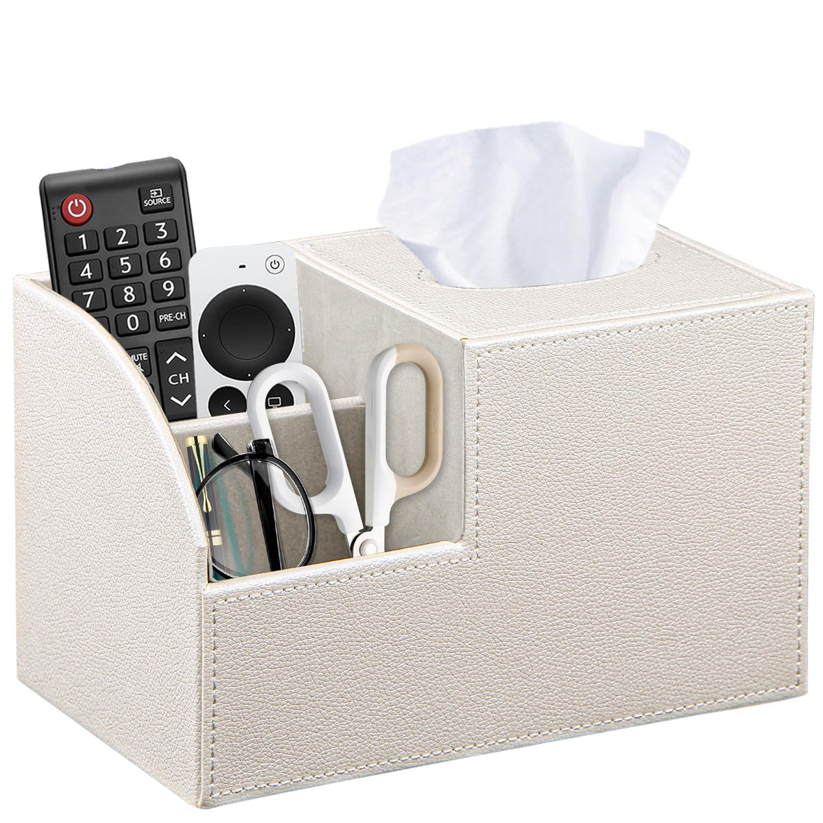 Square Tissue Box Cover with Storage, PU Leather Facial Cube Tissue Holder