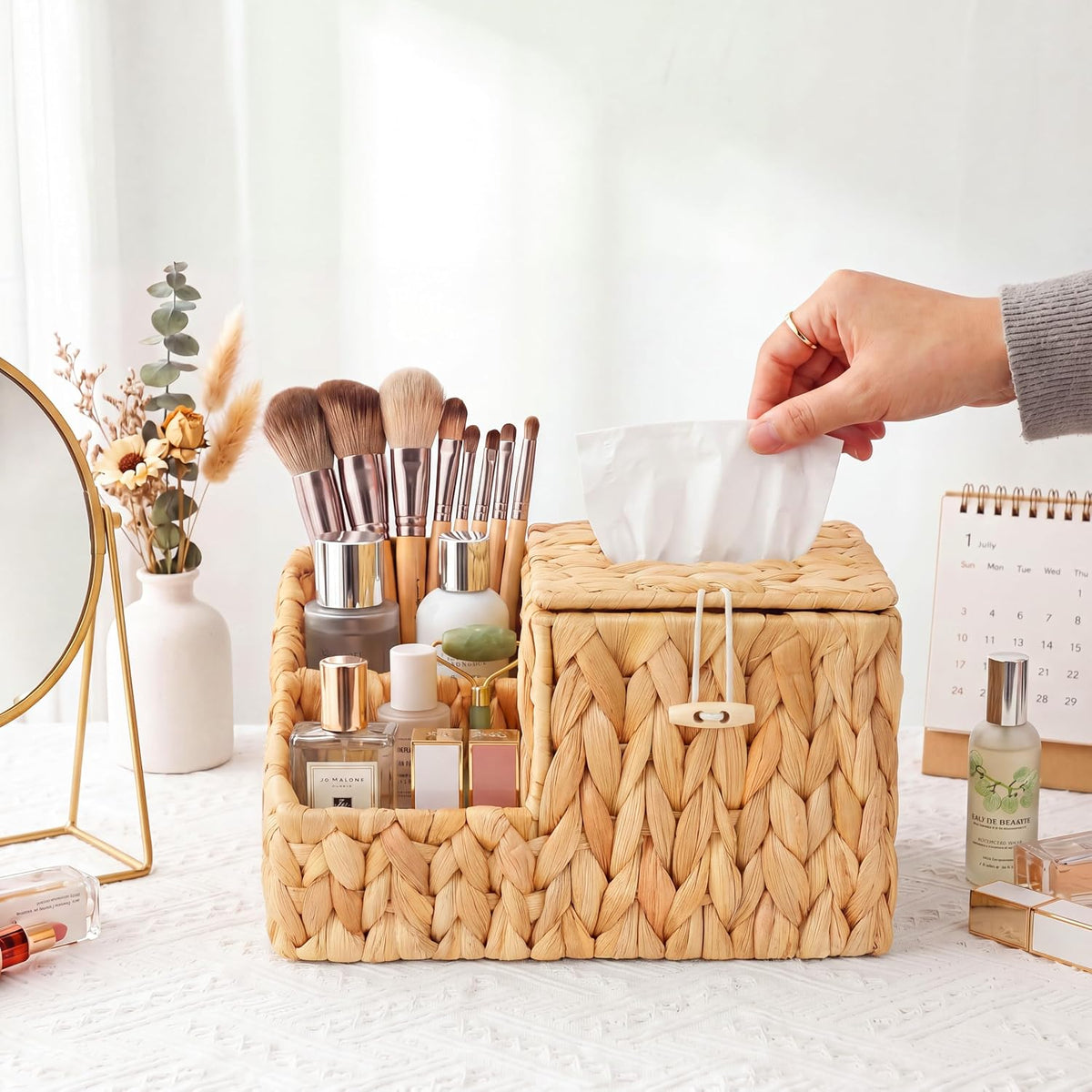 Tissue Box Cover with Storage, Water Hyacinth Square Tissue Box Holder