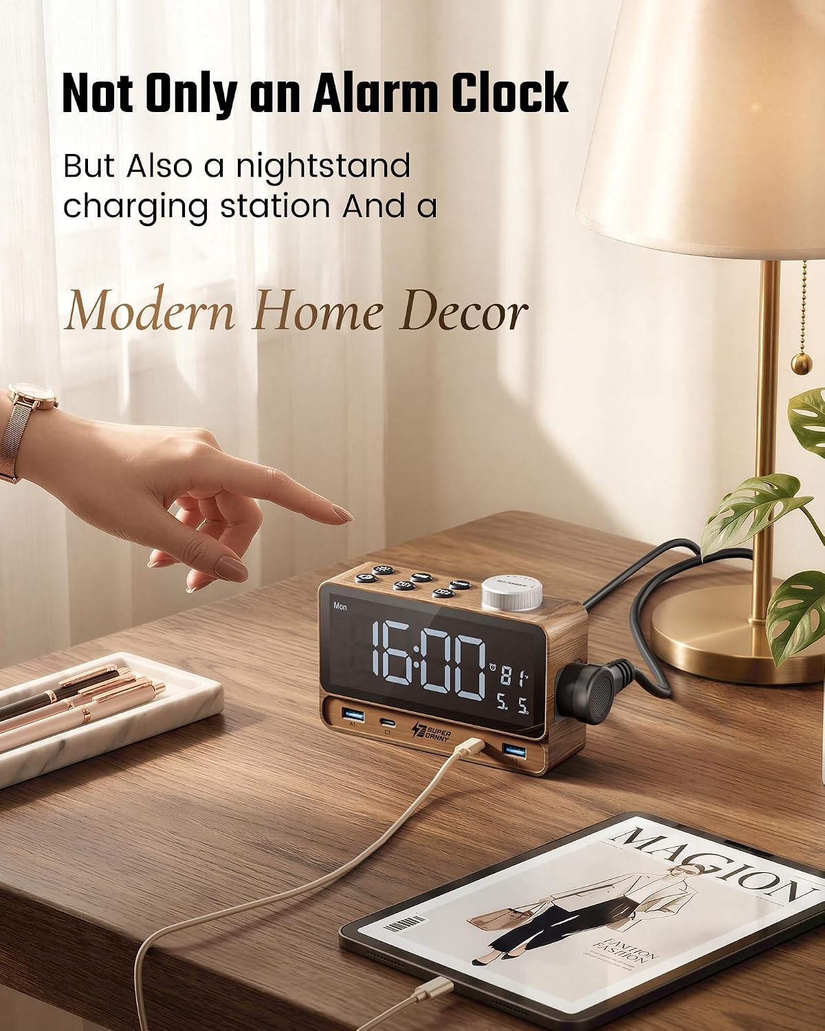 SUPERDANNY Alarm Clock with PD 20W, 4 USB Ports, Power Strip 2AC Outlets